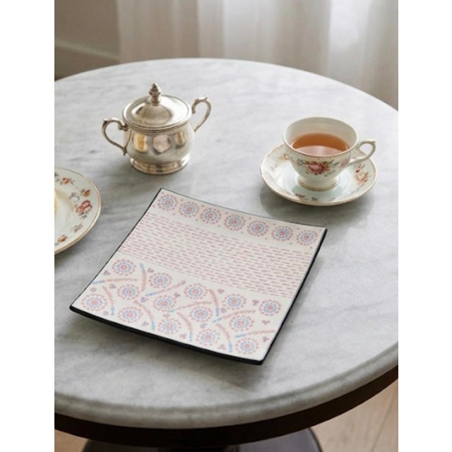 Vintage South African Square Ceramic Serving Platter – Pink & Light Blue Bohemian Dotted Floral Design For Sale - Image 11 of 12
