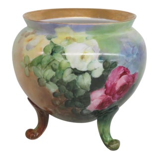 French Style Footed Porcelain Jardiniere Hand Painted Green With Flowers 4998b For Sale