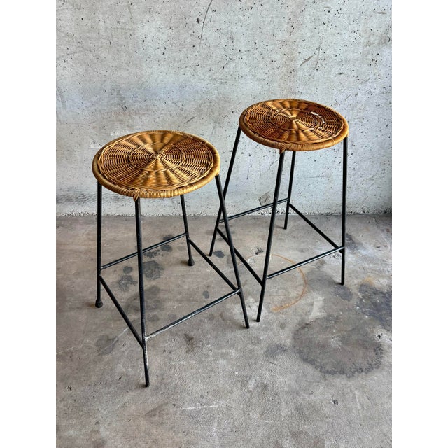 Mid-Century Modern Vintage Mid-Century Iron & Wicker Barstools, Attributed to Arthur Umanoff, Pair For Sale - Image 3 of 6
