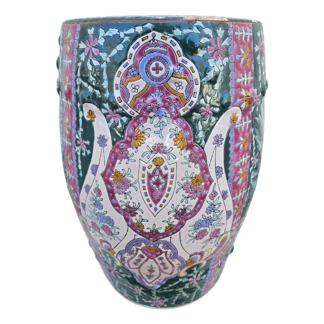 Teal Floral Chinoiserie Garden Stool For Sale