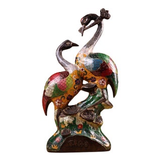 Late 19th Century Cloisonné Enamel Double Crane Figurine, 3100g, Gilt Bronze For Sale