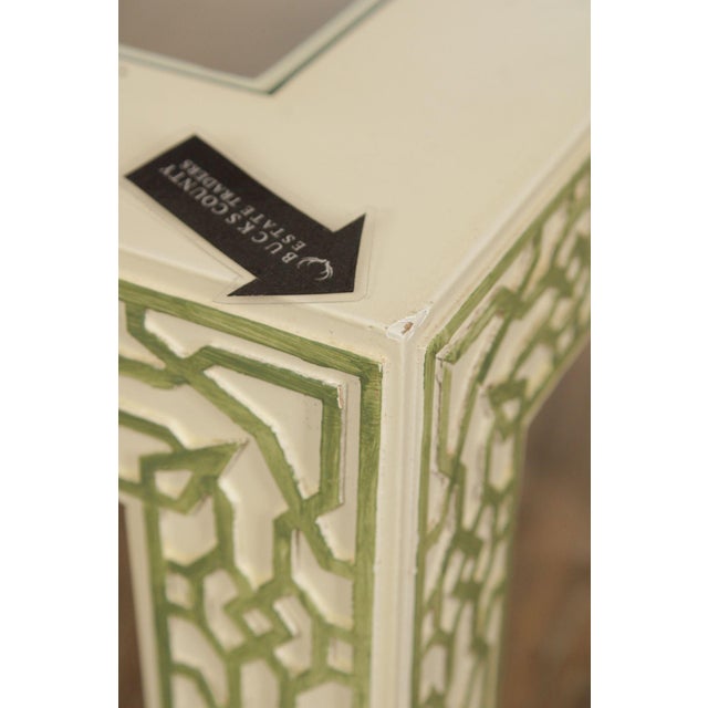Wood Hollywood Regency Pair Of Lacquered Greek Key Glass Top End Tables For Sale - Image 7 of 18