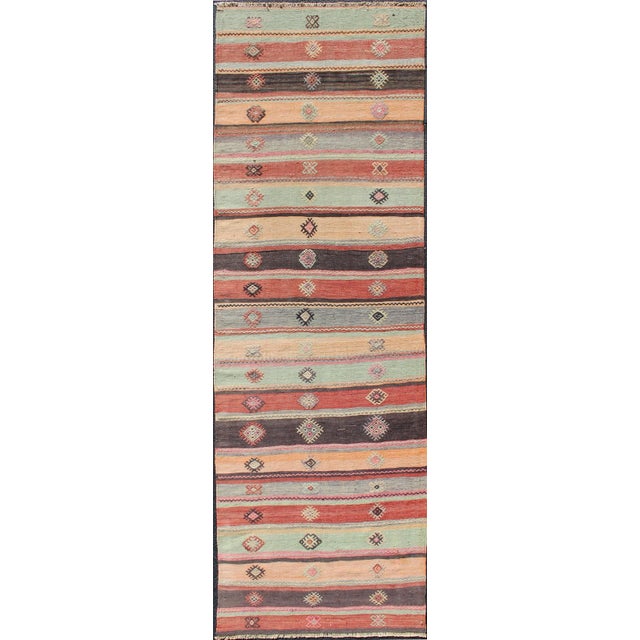 Colorful Vintage Embroidered Kilim Runner With Stripe's and Geometric Prints For Sale - Image 13 of 13