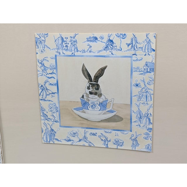 Late 20th Century Late 20th Century Kari Phillips Teacup Bunny Series Framed Prints, White, Blue & Light Brown – Pair For Sale - Image 5 of 13