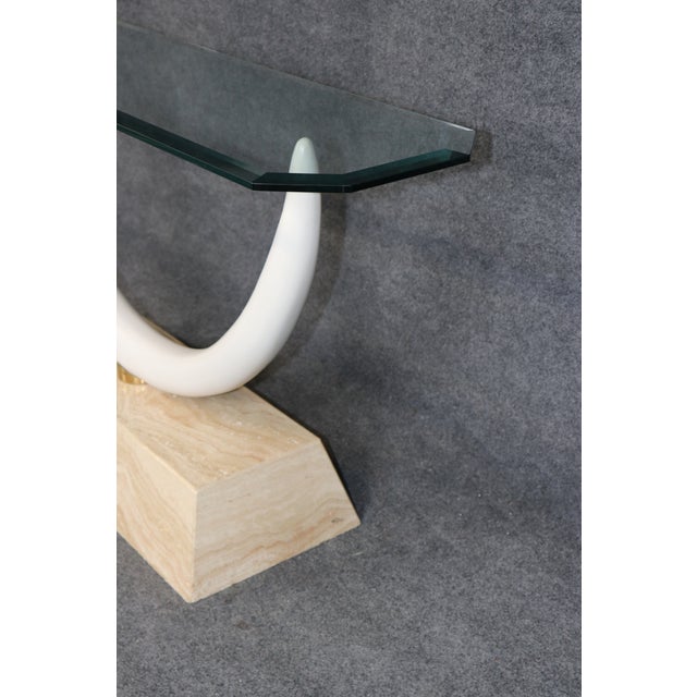 Brass Maison Jansen Attributed Travertine Brass & Glass Tusk Style Console Table For Sale - Image 8 of 10