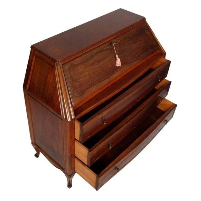 Midcentury precious, refined and treated in detail three drawers with flap on top, from cantù, in blonde hand carved...