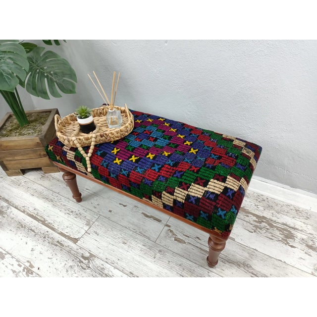Kilim Upholstered Boho Style Bench For Sale In Raleigh - Image 6 of 9