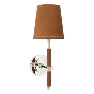 Thomas O'Brien for Visual Comfort Signature Bryant Wrapped Sconce in Polished Nickel and Natural Leather with Natural Leather Shade For Sale