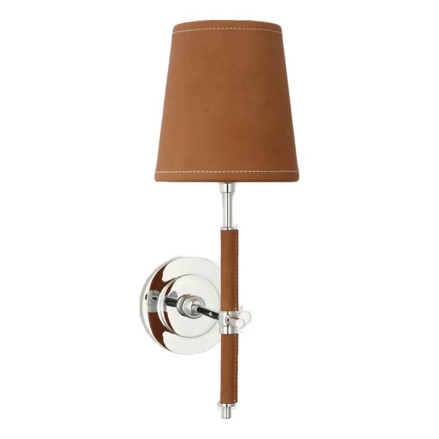 Thomas O'Brien for Visual Comfort Signature Bryant Wrapped Sconce in Polished Nickel and Natural Leather with Natural Leather Shade For Sale