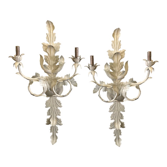 French Mediterranean Hollywood Regency Leaf Design Metal Wall Sconces a Pair Electrified For Sale