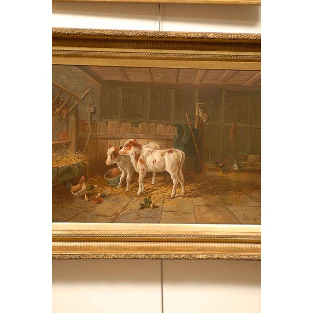English English 19th Century Oil on Canvas Farm Painting Depicting Calves and Chickens For Sale - Image 3 of 9
