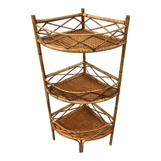 1960's Rattan Bamboo Corner Shelf Etagere For Sale