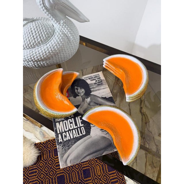 1960s Mid-Century Italian Hand-Painted Majolica Melon Slice Serving Plates, 1960s, Set of 6 For Sale - Image 5 of 18