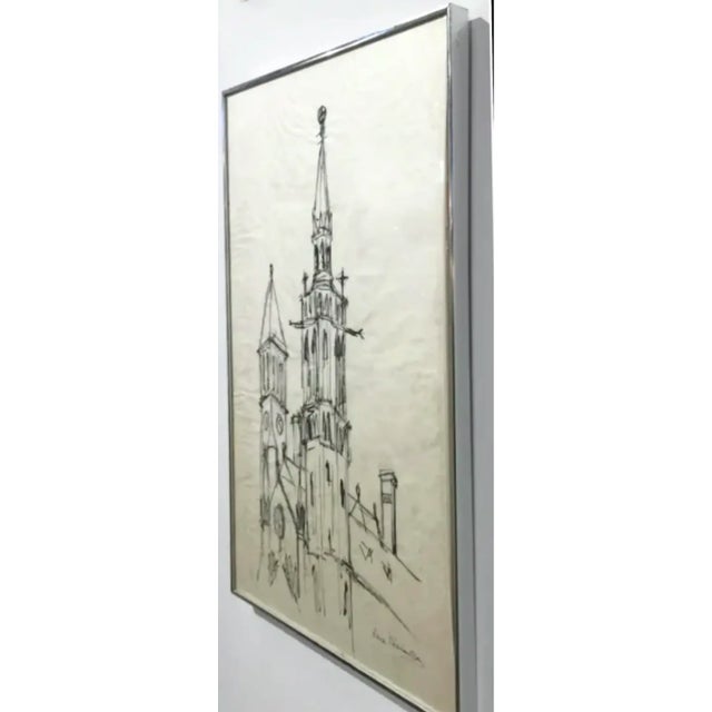Mid-Century Modern Large Mid Century Church Drawing, Signed For Sale - Image 3 of 10