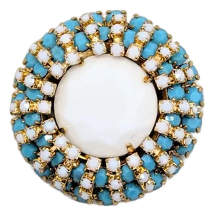 Vintage 1960s Signed Castlecliff Round White & Faux-Turquoise Rhinestone Brooch