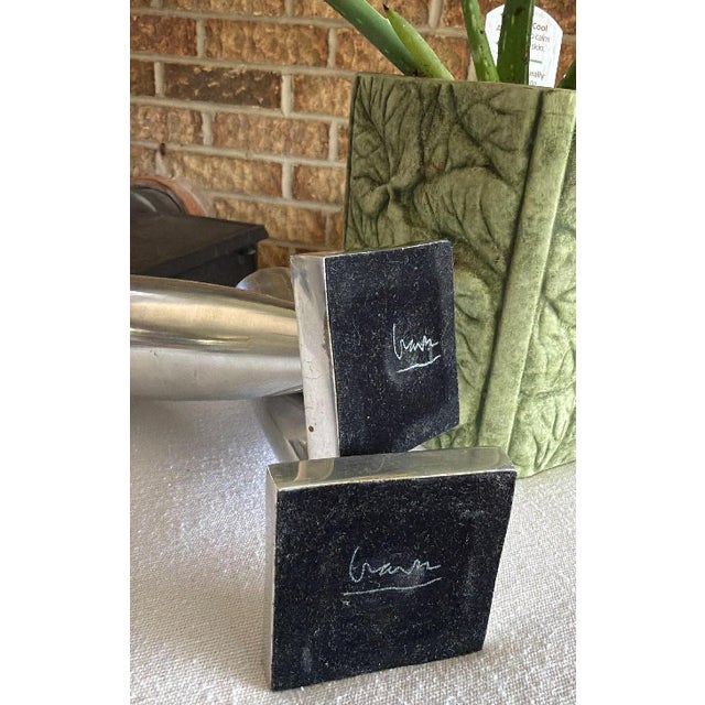 Silver MCM Modernist Sleek Cast Aluminum Statement Piece Candlestick Set For Sale - Image 8 of 9