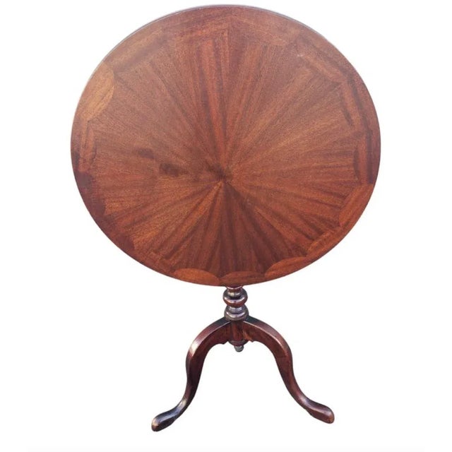 19th century Victorian mahogany antique tripod tea table, occasional table. Excellent parquetry work from center to edge...
