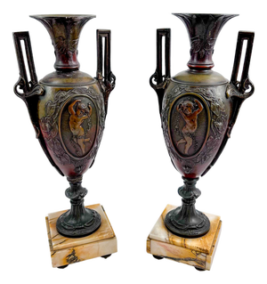 French Spelter Amphora Vases with Cherub Relief, 19th Century, Set of 2