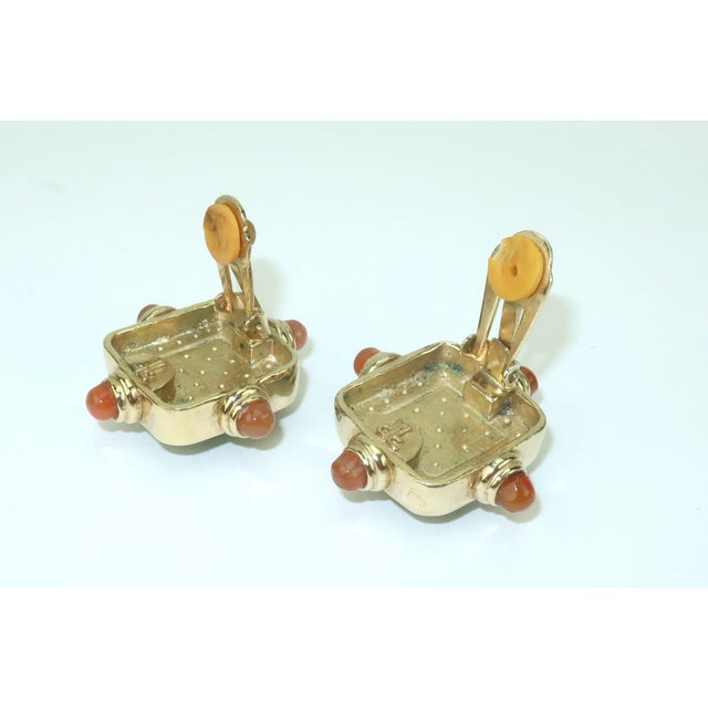 Francesca Romana Gold Plated Clip-on Earrings With Emerald Green Glass For Sale - Image 9 of 11