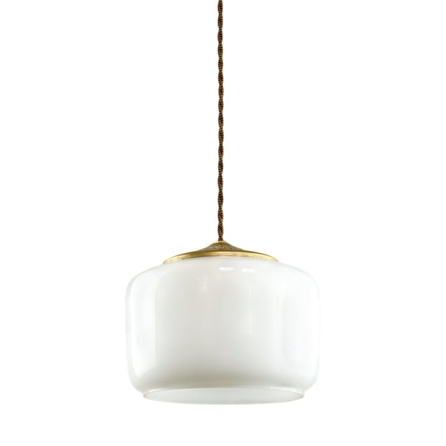 Mid-Century Modern Italian Opaline Glass and Brass Pendant Lamp, 1960s For Sale