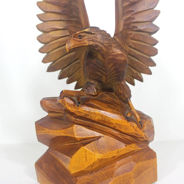 Wood Vintage Carved Wood Eagle Bird Figurine, Man Cave Decor, Hawk Carving, Eagle Small Handmade Wooden Base Bird Sculpture For Sale - Image 7 of 10