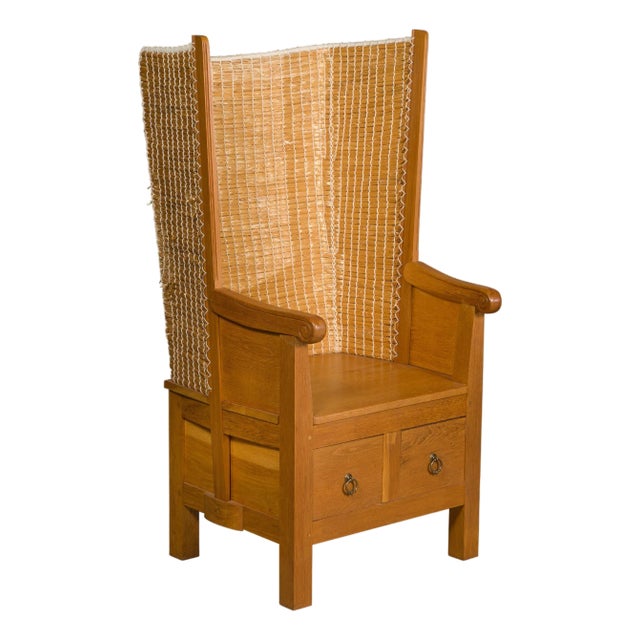 Orkney Island Scottish Oak Wingback Chair with Two Drawers, Vintage For Sale