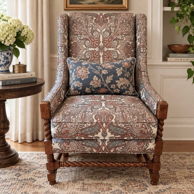 This custom-ordered Wesley Hall Davis wingback chair pairs a classic silhouette with richly woven paisley tapestry...