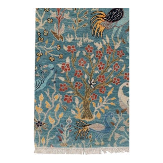 Blue Peacock Birds Garden Scene Soft Hand Knotted Hand Spun Wool Rug 5x7Ft. For Sale