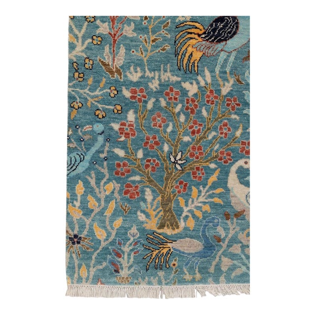 Blue Peacock Birds Garden Scene Soft Hand Knotted Hand Spun Wool Rug 5x7Ft. For Sale