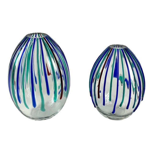 Pair of Mid-Century Modern Alfredo Barbini Egg Shaped Murano Vases — Signed For Sale