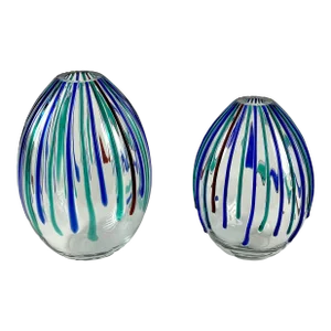 Pair of Mid-Century Modern Alfredo Barbini Egg Shaped Murano Vases — Signed