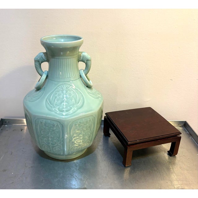 Chinese Celadon Porcelain Elephant Head Vase W/ Wood Stand For Sale - Image 6 of 7