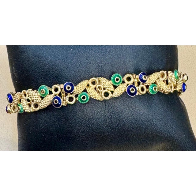 18 Karat Yellow Gold 30 Grams With Green and Blue Enamel Bracelet, 8 Inch Long For Sale - Image 4 of 8