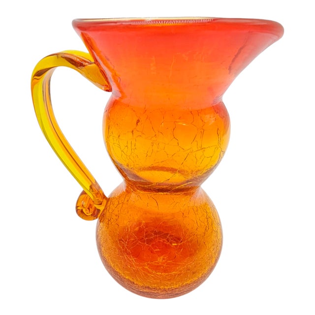Mid-Century Modern Amberina Crackle Glass Pitcher Vase by Rainbow Glass Co – Persimmon Hue For Sale