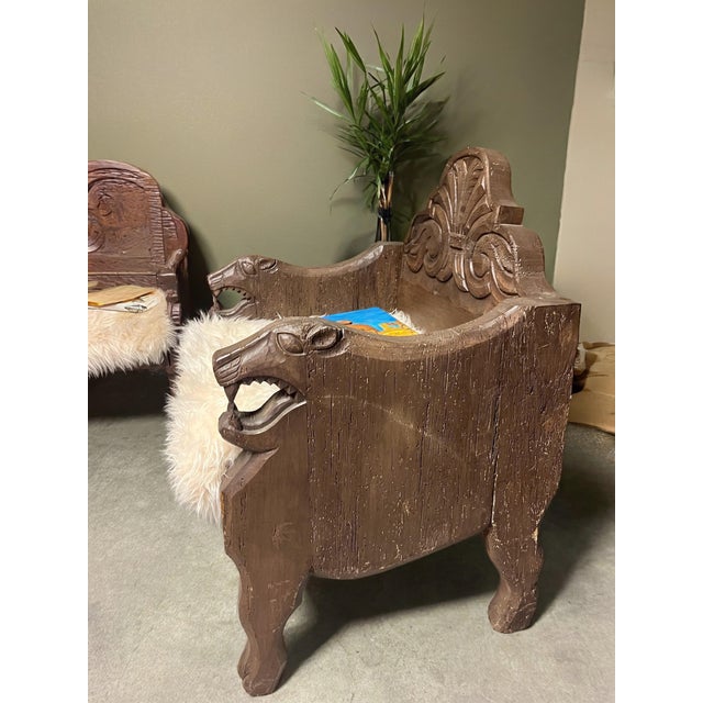 1910s Early 20th Century Mexican Hand Carved Solid Wood Lion Chairs With Sheepskin Cushions For Sale - Image 5 of 7