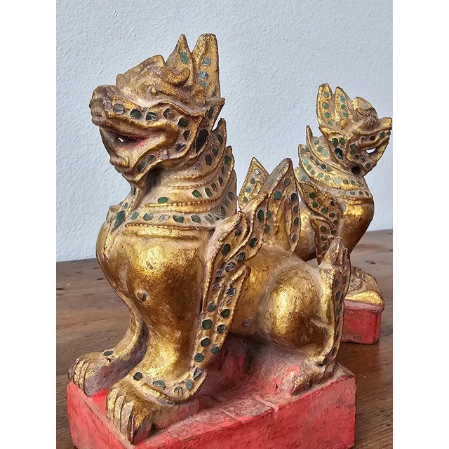 Antique Southeast Asian Burmese Glass Jewel Inlaid Qilin Foo Dog Lion Figure Carvings - a Pair For Sale - Image 10 of 12