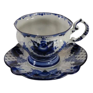 Vintage Blue & White Ukraine / Russian Porcelain “Floral” Teacup & Saucer Set