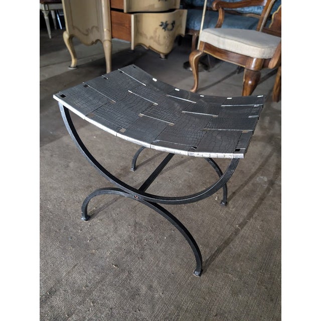 1980s Contemporary Industrial Metal X-Base Stool / Ottoman With Crocodile-Textured Metal Seat For Sale - Image 4 of 8