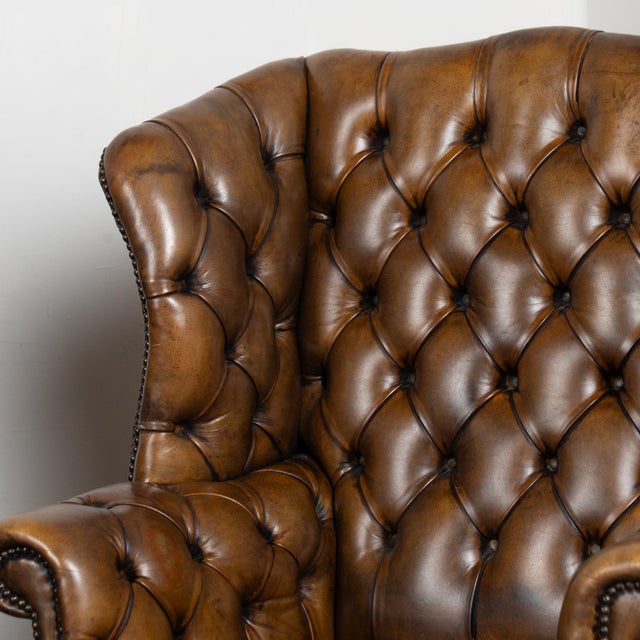 Traditional Vintage Brown Leather Chesterfield Wingback Loveseat and Club Chair For Sale - Image 3 of 13