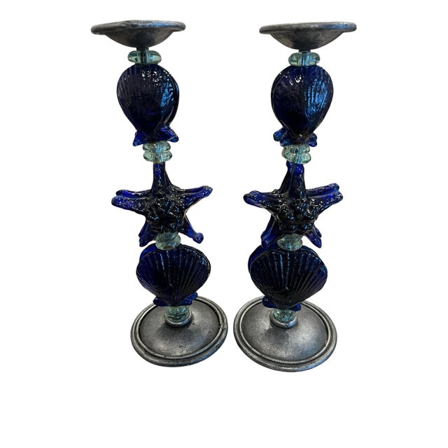 Pair of Heavy Cobalt Blue Art Glass Candlesticks 13" Tall For Sale - Image 6 of 12