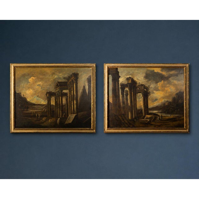 Unknown, Roman Architectural Capriccios, Oil On Canvas, Set of 2 For Sale - Image 11 of 11