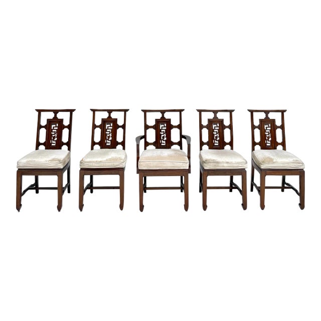 Set of 5 Asian Carved Wood Dining Chairs For Sale