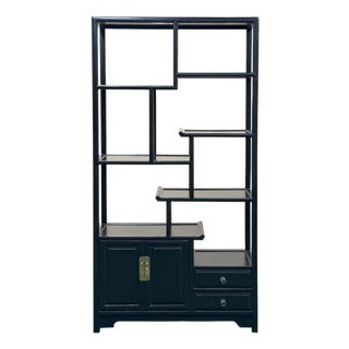 Oriental Asymmetrical Black Lacquer Shelving Display Cabinet Divider For Sale