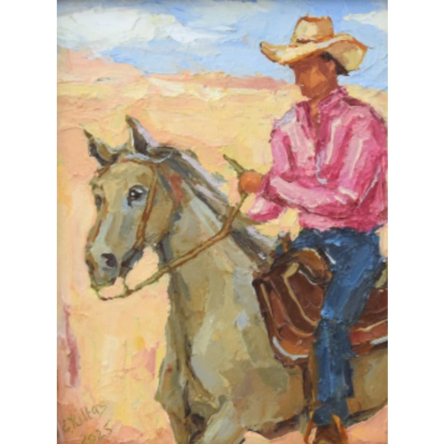 Farmhouse Western Cowboy & Gray Horse Oil Painting Including the Antiqued Silver Wood Frame For Sale - Image 3 of 5
