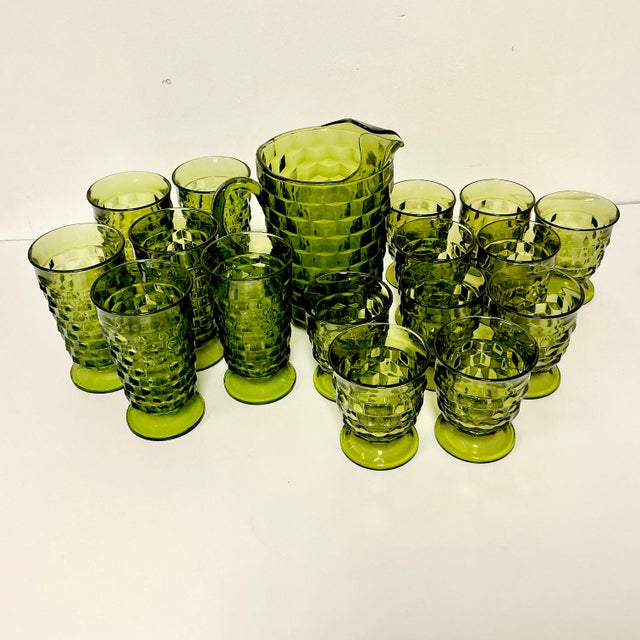 1960s 1960s Vintage Boho Chic Americana Indiana Glass Whitehall Pitcher & Glassware Set - 17 Pieces For Sale - Image 5 of 17
