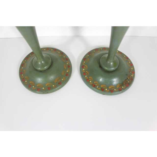 Wood Antique Hand Painted Wooden Candle Holders a Pair For Sale - Image 7 of 11