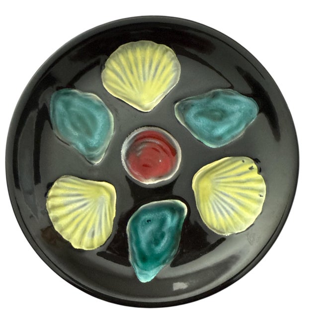 Mid-Century Modern Pair of Mid-Century French Majolica Oyster Plates - Multi Color - A Pair For Sale - Image 3 of 5
