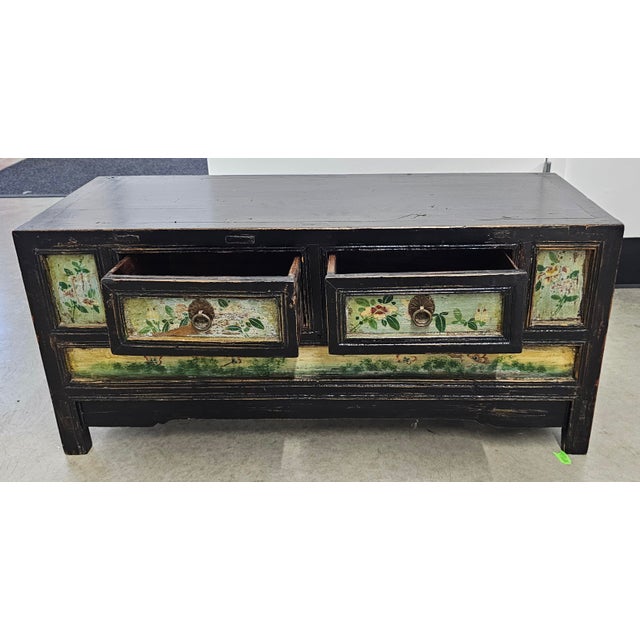 Korean Painted Elm Wood Low Storage Cabinet and Bench, C. 1900s For Sale - Image 10 of 11