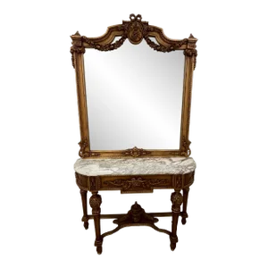 Early 20th Century Renaissance Style Carved and Gilded Pier Mirror and Console Table With Marble Top