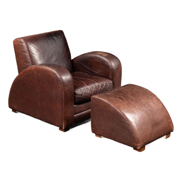 Mid 20th Century Art Deco Leather Club Chair and Ottoman by Legacy Leather For Sale